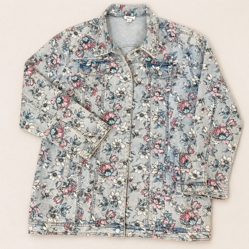 Tribal Jeans Floral Light Wash Denim Jean Jacket (XXL) Plus Size Long Coat Heavy